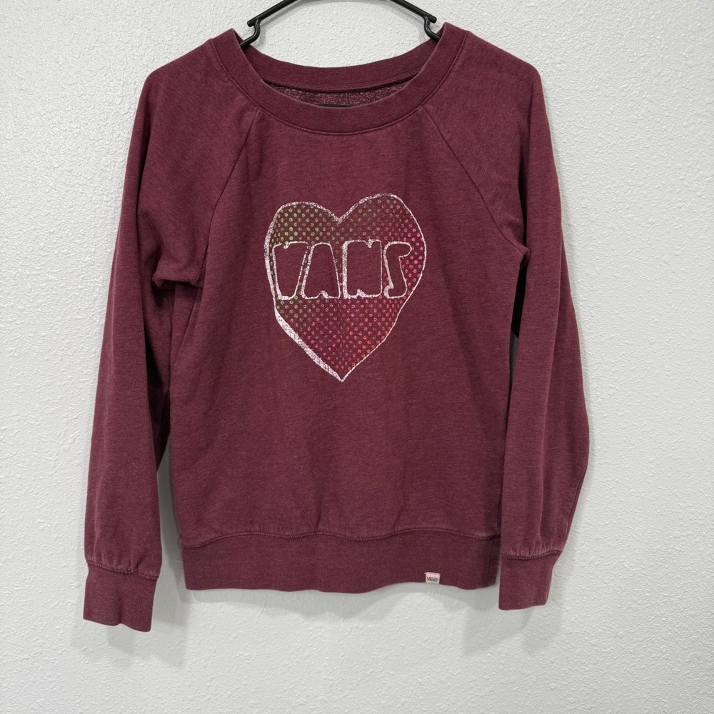 Vans Womens Burgundy Heart Graphic Raglan Sweatshirt Small‎ Pullover Maroon